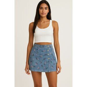 Vintage Crazy Horse Short Jean Skirt 12 Blue Floral Denim Side Button 28 x 20